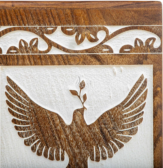Handcarved Wooden Cremation Urn – Peaceful Bird Design in Daisy White – Suitable for Pet Dogs – 250lbs Capacity