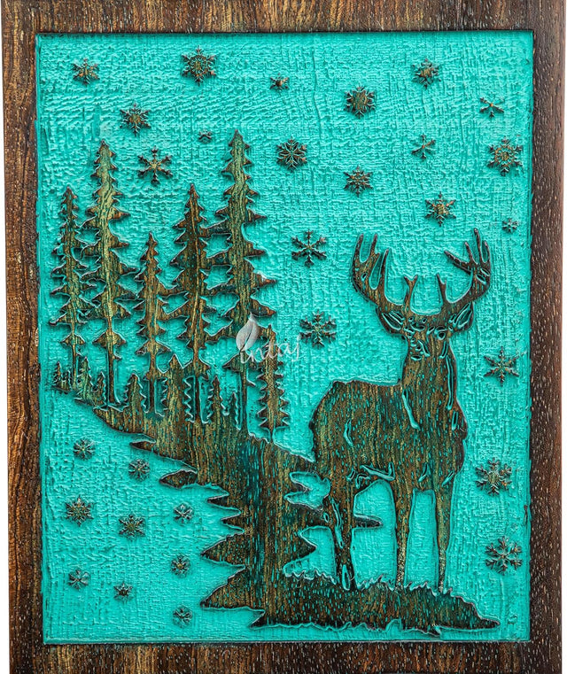 Handcarved Wooden Cremation Urn – Deer Carved Design in Custom Teal Green – Suitable for Adult Men & Women, Mom & Dad, and Pet Dogs – 115 Cu/in Capacity