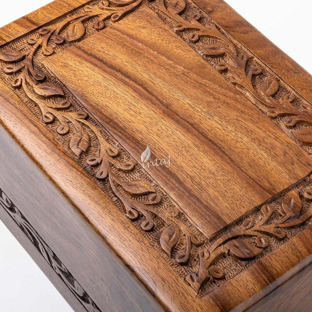 Handcarved Wooden Cremation Urn – Custom Border Carved Design in Rosewood – Suitable for Adult Men & Women, Mom & Dad – 35 Cu/in Capacity