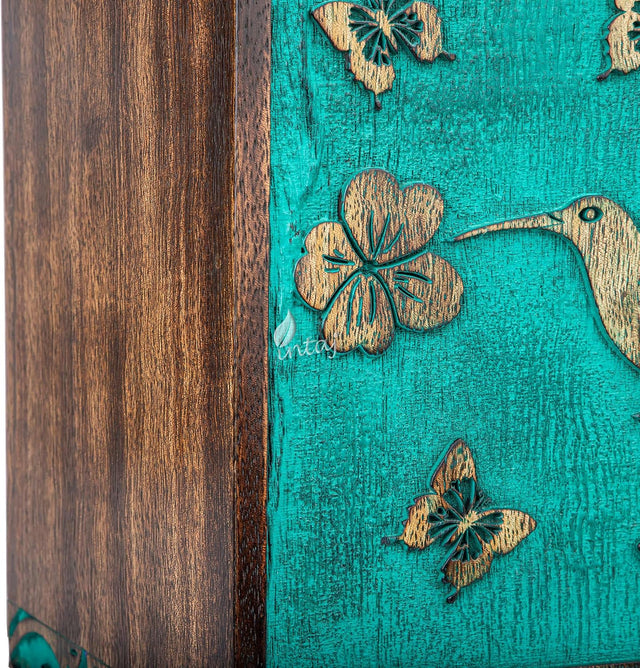 Handcarved Wooden Cremation Urn – Hummingbird Design in Teal Green – Suitable for Adult Men & Women – 250 Cu/in Capacity
