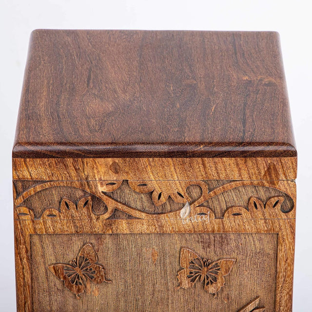 Handcarved Wooden Cremation Urn – White Butterfly Birds with Hummingbird Design – Suitable for Adult Men & Women – 180lbs Capacity