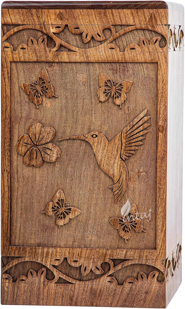 Handcarved Wooden Cremation Urn – White Butterfly Birds with Hummingbird Design – Suitable for Adult Men & Women – 180lbs Capacity