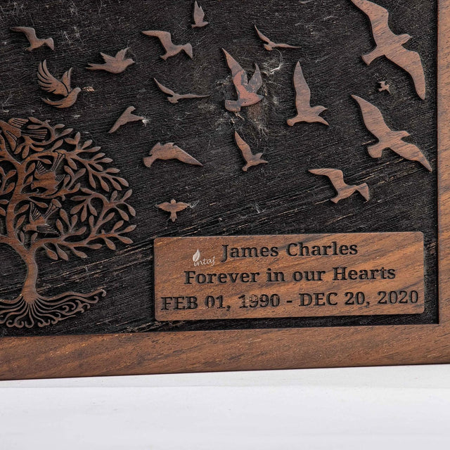 Handcarved Wooden Cremation Urn – Customised Tree of Life Birds Design – Suitable for Adult Men & Women, Mom & Dad – 340 Cu/in Capacity