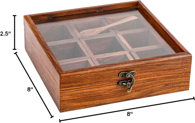 Handmade Rosewood Spice Box, 9 Compartment Wooden Masala Box