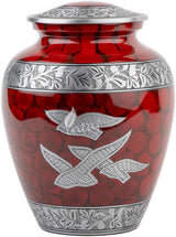 Handcrafted Silver Cremation Urn – Royal Wings Red Design – Suitable for Adult Men & Women, Mom & Dad