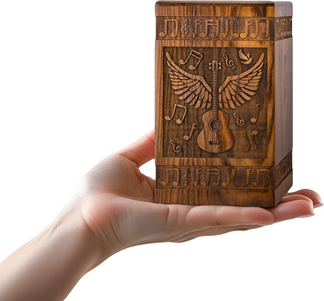 Handcarved Wooden Cremation Urn – Angel Wings Guitar Design in Rosewood – Suitable for Adult Men & Women, Mom & Dad – 20 Cu/in Keepsake Capacity