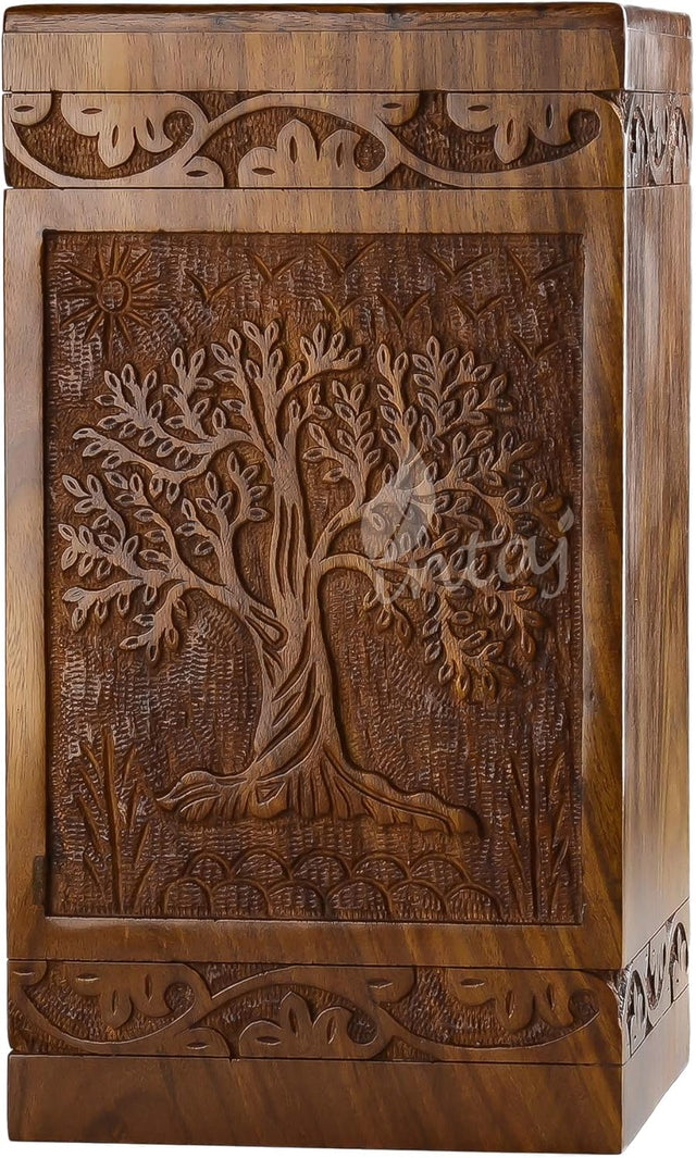 Handcarved Wooden Cremation Urn – Tree of Life Design – Suitable for Adult Men & Women, Mom & Dad – 250 Cu/in Capacity