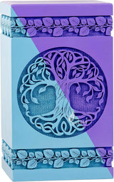 Handcarved Wooden Cremation Urn – Celtic Knot Tree of Life – Suitable for Adult Men & Women, Mom & Dad – 250 Cu/in Capacity – SkyBlue Purple Finish (Large, 11.25x6.25")