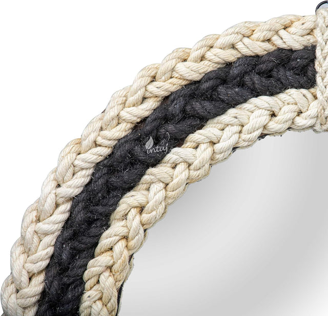 Rustic Rope Round Wall Mirror - Nautical Decorative Wall Mirror Handcrafted - Large Wall Home Decor Mirror for Bathroom, Bedroom, Entryway, Living Room (18x18, Braided Black and White)