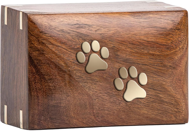 Handcarved Wooden Pet Cremation Urn – Two Paws Design – Suitable for Dogs & Cats – 6x4x2.75 Size
