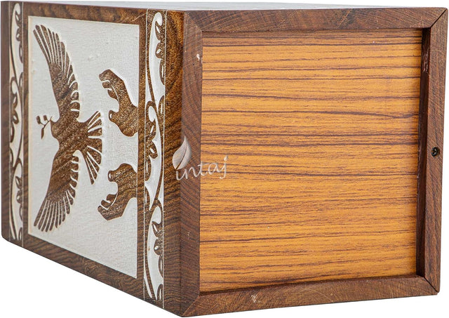 Handcarved Wooden Cremation Urn – Peaceful Bird Design in Daisy White – Suitable for Pet Dogs – 250lbs Capacity