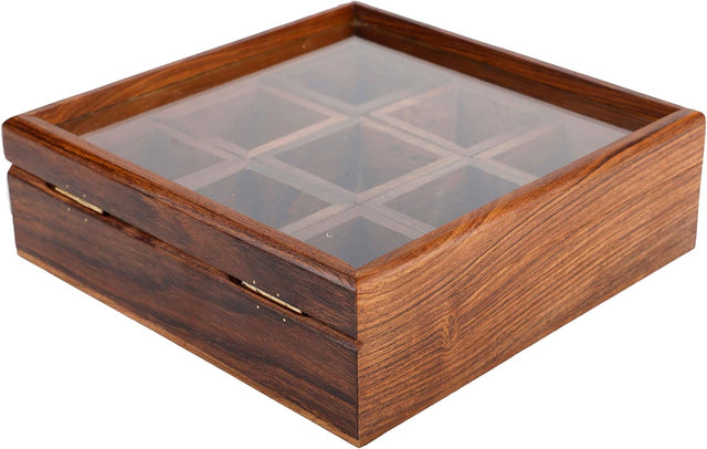 Handmade Rosewood Spice Box, 9 Compartment Wooden Masala Box