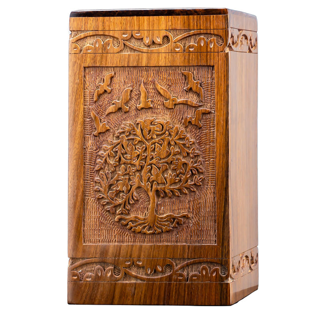 Handcarved Wooden Cremation Urn – Tree of Life – Suitable for Adult Men & Women – 250lbs
