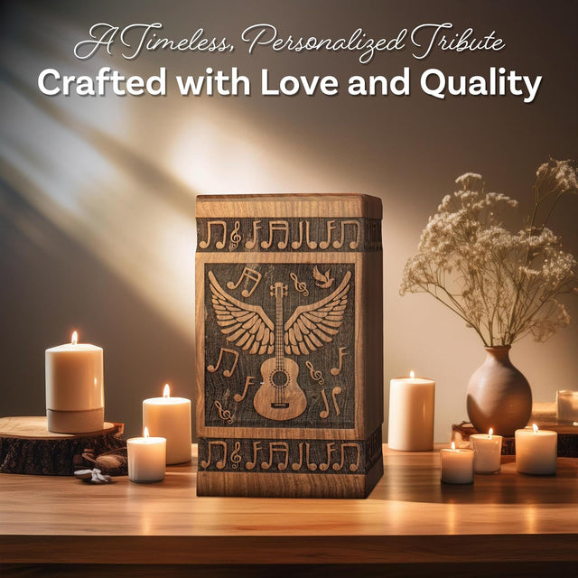 Handcarved Wooden Cremation Urn – Wings of Angel and Musical Notes Design in Rosewood – Suitable for Adult Men & Women, Mom & Dad – 115lbs Capacity