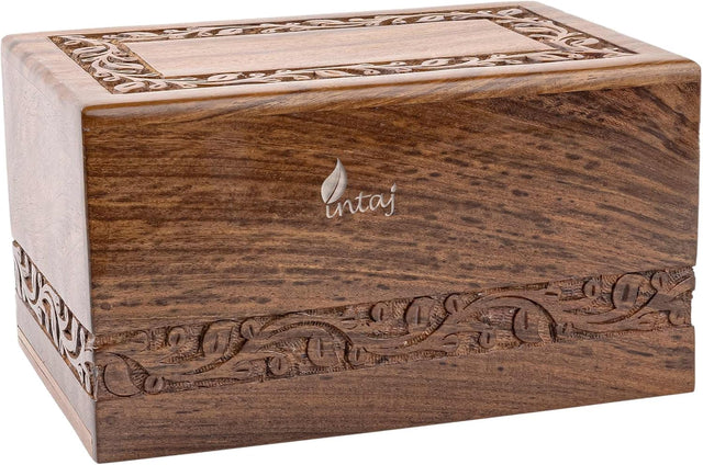 Handcarved Wooden Cremation Urn – Custom Border Carved Design in Rosewood – Suitable for Adult Men & Women, Mom & Dad – 14 Cu/in Capacity