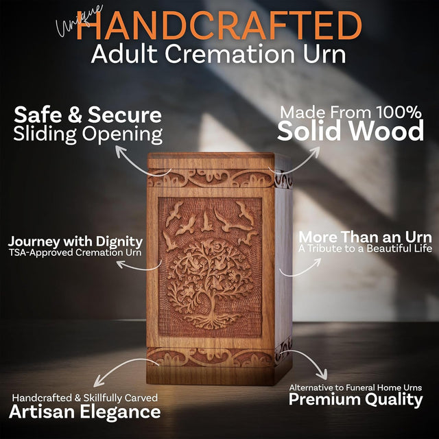 Handcarved Wooden Cremation Urn – Tree of Life Design – Suitable for Men & Women, Mom & Dad – 115lbs Capacity