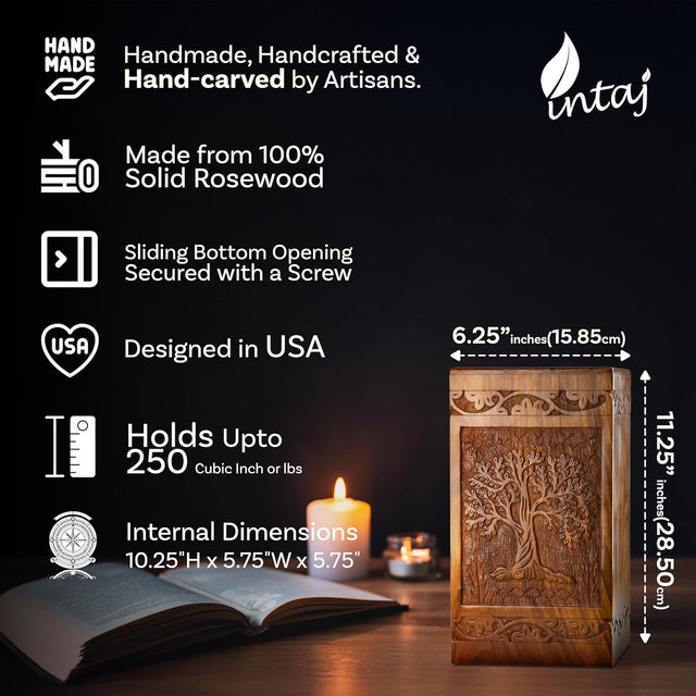 Handcarved Wooden Cremation Urn – Tree of Life Birds Design – Suitable for Adult Men & Women, Mom & Dad – 250 lbs Capacity