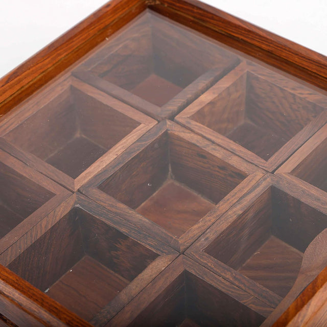 Handmade Rosewood Spice Box, 9 Compartment Wooden Masala Box