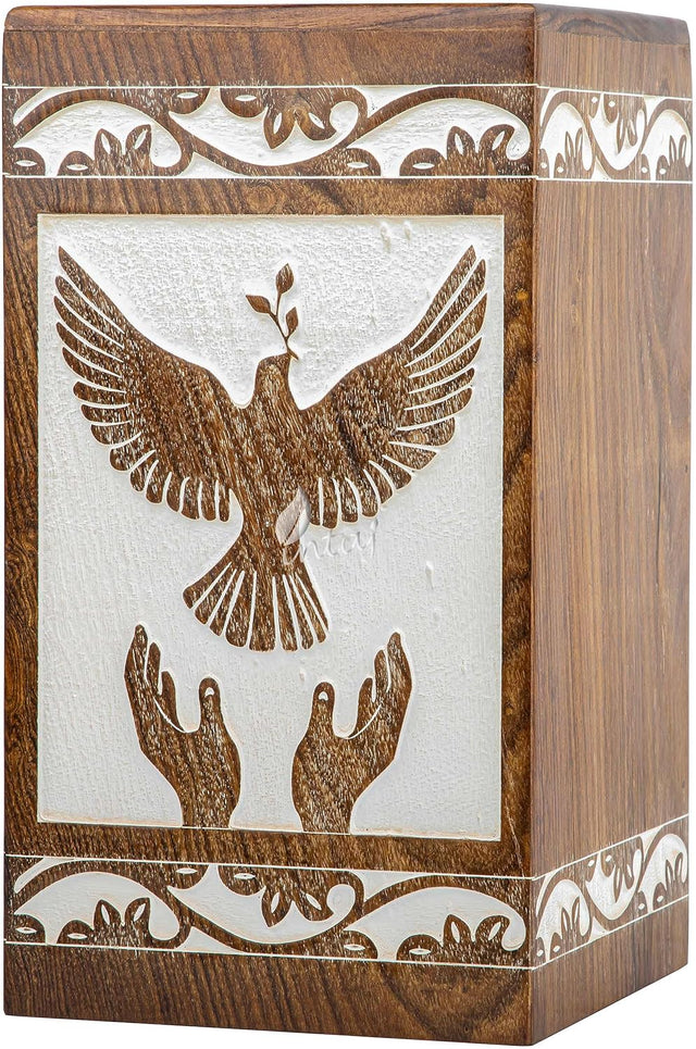 Handcarved Wooden Cremation Urn – Peaceful Bird Design in Daisy White – Suitable for Adult Men & Women, Mom & Dad, Pet Dogs – 640lbs Capacity
