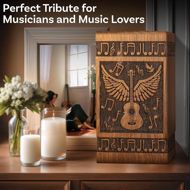 Handcarved Wooden Cremation Urn – Wings of Angel and Musical Notes Design in Rosewood – Suitable for Adult Men & Women, Mom & Dad – 115lbs Capacity