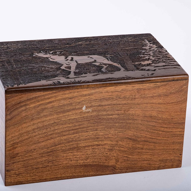 Handmade Wooden Cremation Urn – Deer Engraved – Suitable for Human Ashes – XL (11x7.5x6, 340 Cu/in)