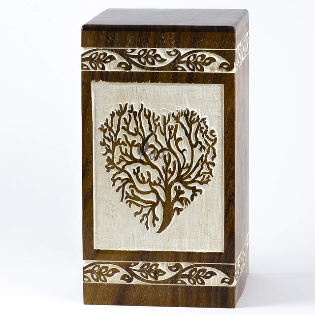 Handcarved Wooden Cremation Urn – Tree of Life Design with White Rosewood Heart – Suitable for Adult Men & Women, Mom & Dad, Pets – 115 Cu/in Capacity