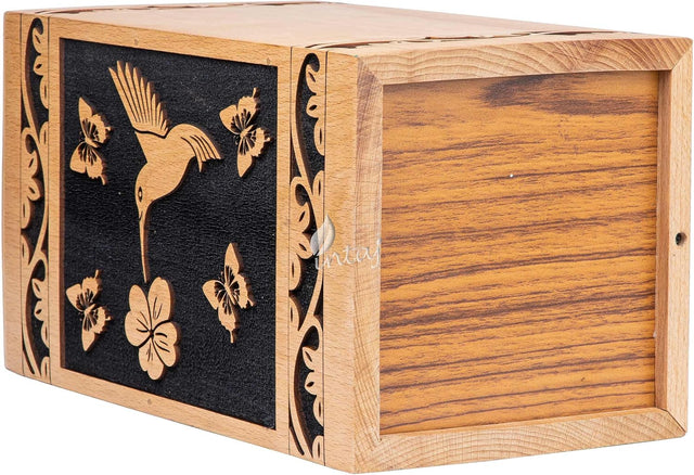 Handcarved Wooden Cremation Urn – Hummingbird Design in Beechwood – Suitable for Adult Men & Women – 115 Cu/in Capacity
