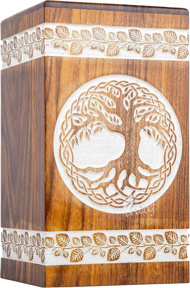 Handcarved Wooden Cremation Urn – Tree of Life Design – Suitable for Adult Men & Women, Pet Dogs – 250 Cu/in Capacity