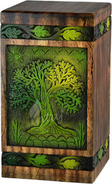 Handcarved Wooden Cremation Urn – Tree of Life Design – Suitable for Adult Men & Women, Mom & Dad – 250 Cu/in Capacity, Green Blaze