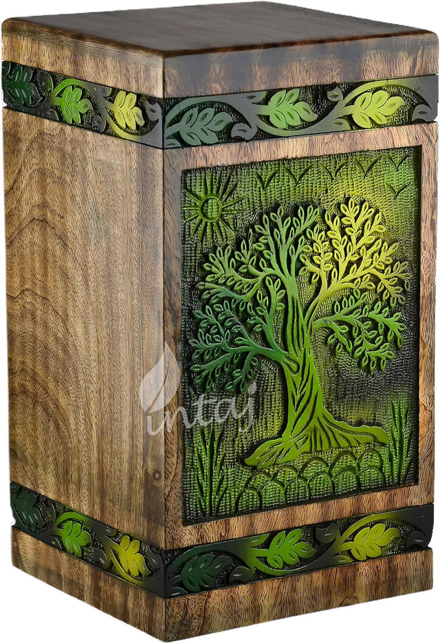 Handcarved Wooden Cremation Urn – Tree of Life Design – Suitable for Adult Men & Women, Mom & Dad – 250 Cu/in Capacity, Green Blaze