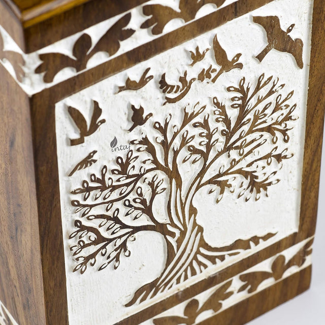 Handcarved Wooden Cremation Urn – Soulful Tree of Life Design – Suitable for Adult Men & Women, Mom & Dad – 250 Cu/in Capacity – Antique Finish (Adult, Tree 73 Design)