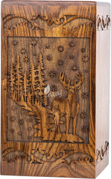Handcarved Wooden Cremation Urn – Deer Carved Design in Custom Rosewood – Suitable for Adult Men & Women and Pet Dogs – 250 Cu/in Capacity