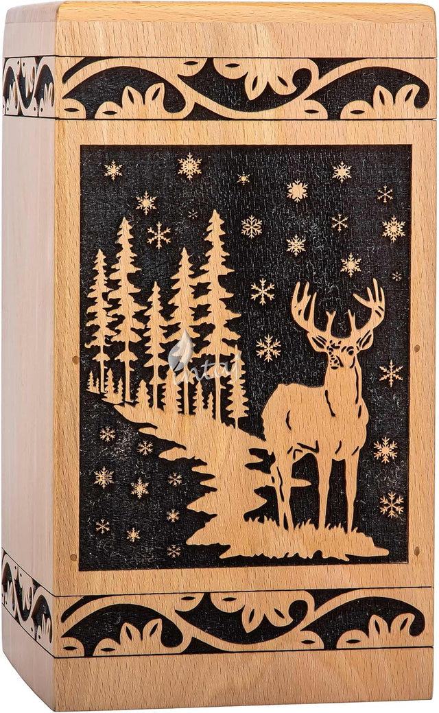 Handcarved Wooden Cremation Urn – Deer Carved Design in Beechwood – Suitable for Adult Men & Women, Mom & Dad, and Pet Dogs – 180 Cu/in Capacity