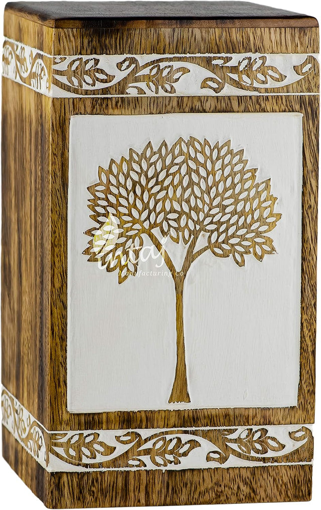 Handcarved Wooden Cremation Urn – Pyramidal Tree of Life Design – Suitable for Adult Men & Women, Mom & Dad, Pets – 250 Cu/in Capacity