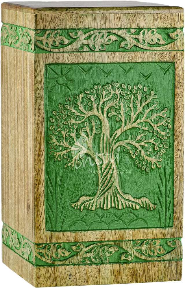 Handcarved Wooden Cremation Urn – Fresh Green Tree of Life in Rosewood – Suitable for Adult Men & Women, Mom & Dad, Pets – 180 Cu/in Capacity