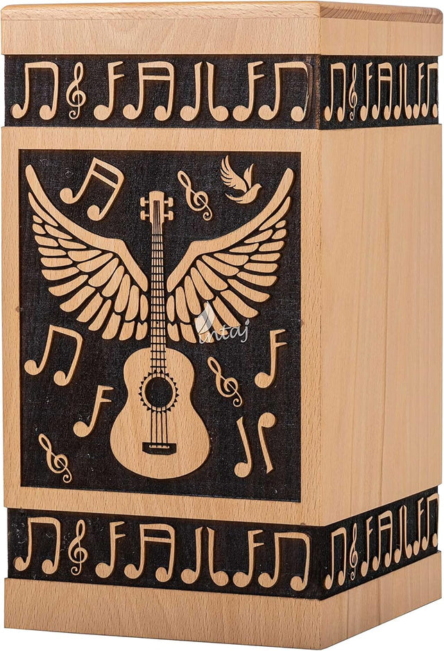 Handcarved Wooden Cremation Urn – Guitar Wings Design in Beechwood – Suitable for Adult Men & Women, Mom & Dad – 250 Cu/in Capacity