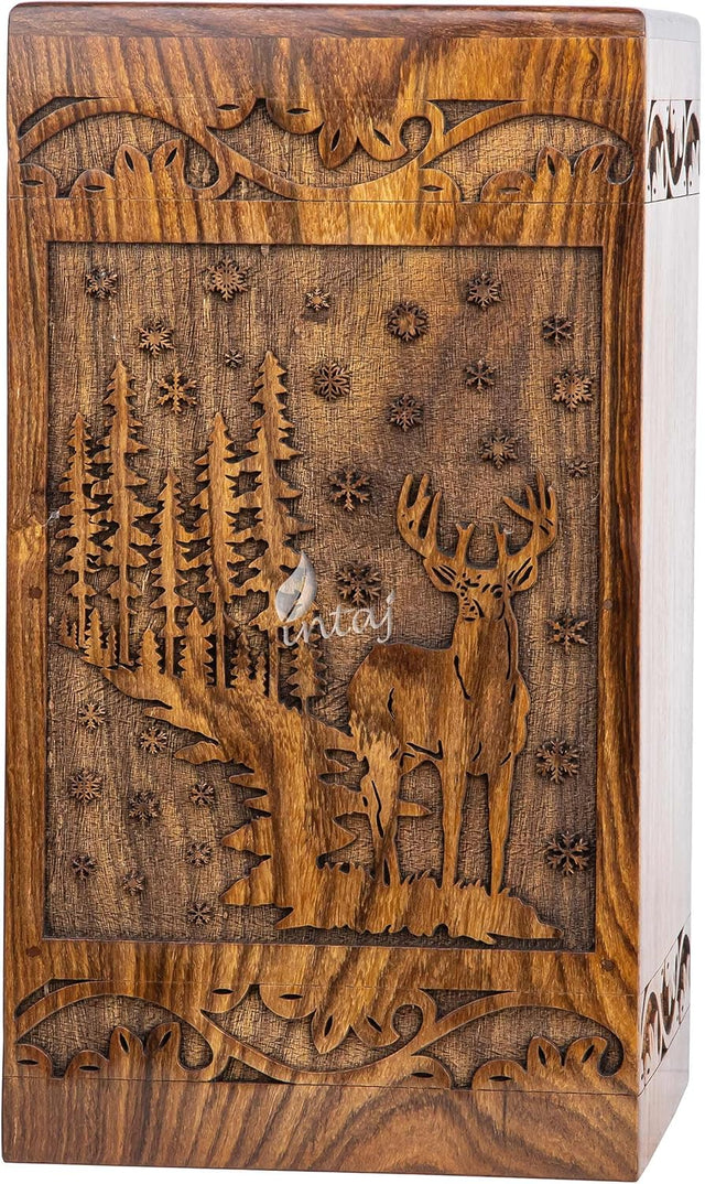 Handcarved Wooden Cremation Urn – Deer Carved Design in Custom Rosewood – Suitable for Adult Men & Women and Pet Dogs – 115 Cu/in Capacity