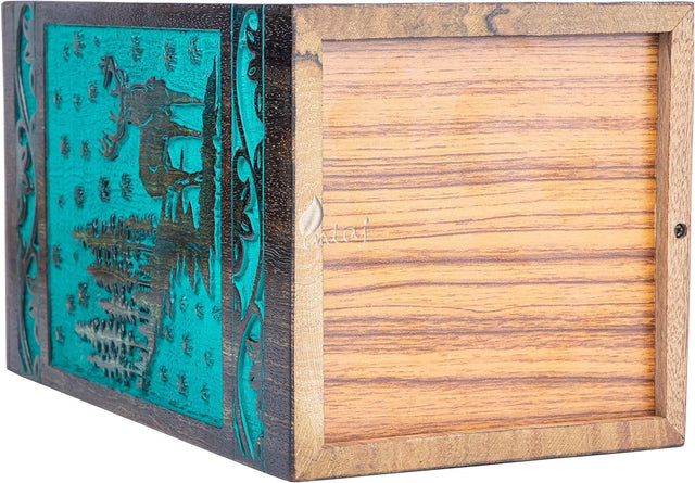 Handcarved Wooden Cremation Urn – Deer Carved Design in Custom Teal Green – Suitable for Adult Men & Women, Mom & Dad, and Pet Dogs – 115 Cu/in Capacity