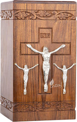 Handcarved Wooden Cremation Urn – Cross & Jesus Design – Suitable for Adult Men & Women, Mom & Dad, Pets & Cats – 250 Cu/in Capacity