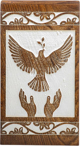 Handcarved Wooden Cremation Urn – Peaceful Bird Design in Daisy White – Suitable for Pet Dogs – 250lbs Capacity