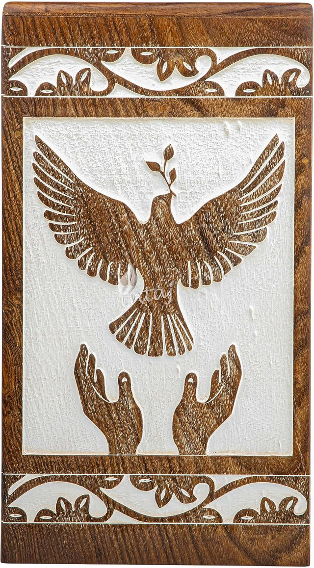 Handcarved Wooden Cremation Urn – Peaceful Bird Design in Daisy White – Suitable for Pet Dogs – 250lbs Capacity