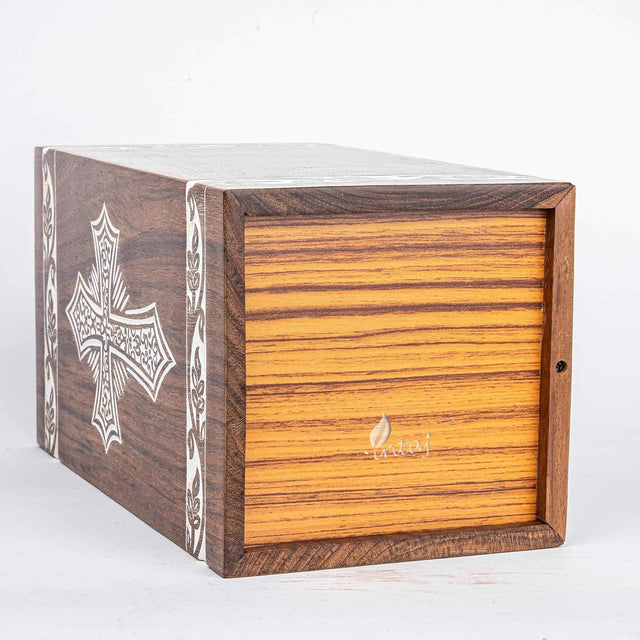 Handcarved Wooden Cremation Urn – Grace and Mercy Cross Design – Suitable for Adult Men & Women, Mom & Dad – 250 Cu/in Capacity