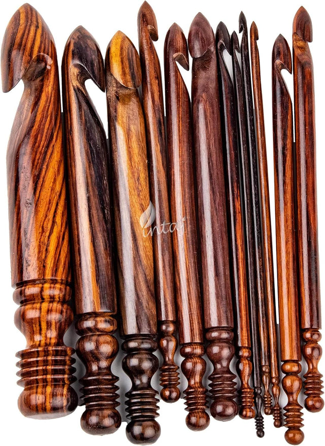 Rosewood Crochet Hook Set of 12, 1-25mm Handmade Wooden Hooks