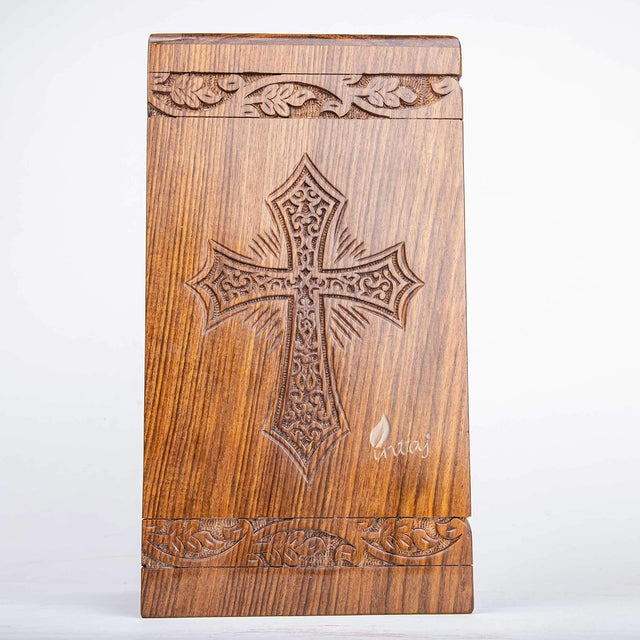 Handcarved Wooden Cremation Urn – Grace and Mercy Latin Cross Design – Suitable for Adult Men & Women, Mom & Dad – 115 Cu/in Capacity
