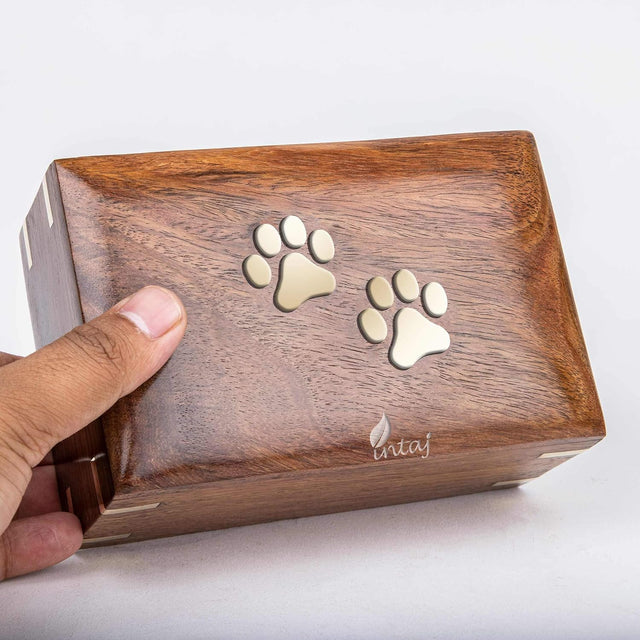 Handcarved Wooden Pet Cremation Urn – Custom Engraved Rosewood with Two Paws Inlaid Design – Suitable for Pets – 121lbs Capacity