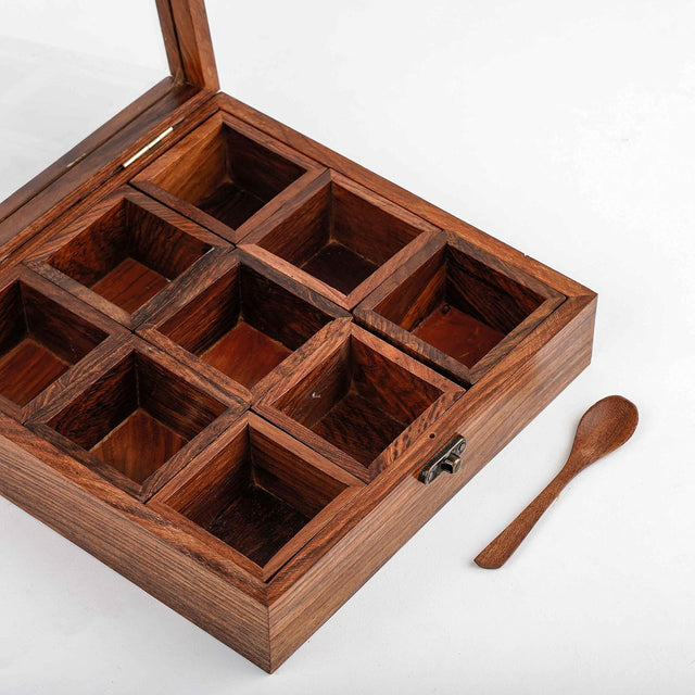 Handmade Rosewood Spice Box, 9 Compartment Wooden Masala Box
