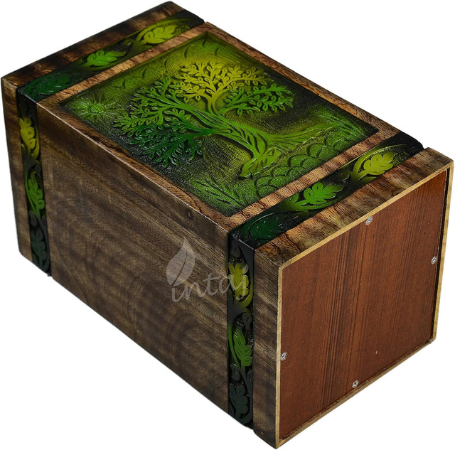 Handcarved Wooden Cremation Urn – Tree of Life Design – Suitable for Adult Men & Women, Mom & Dad – 250 Cu/in Capacity, Green Blaze