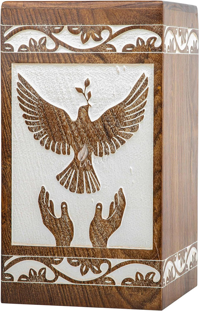 Handcarved Wooden Cremation Urn – Peaceful Bird Design in Daisy White – Suitable for Pet Dogs – 250lbs Capacity