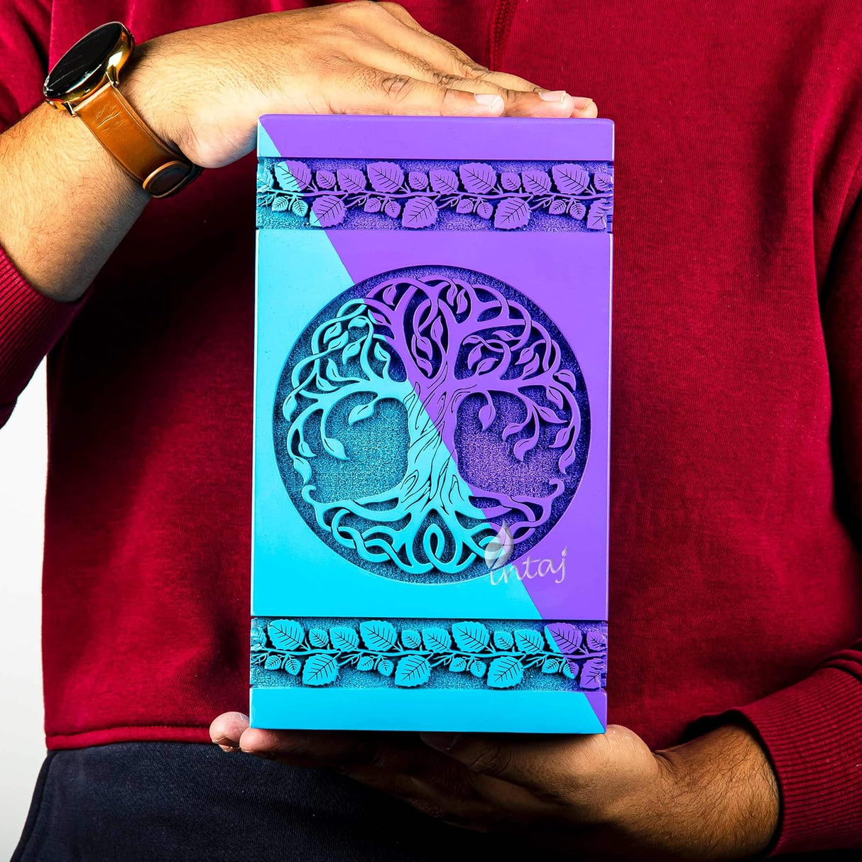Handcarved Wooden Cremation Urn – Celtic Knot Tree of Life – Suitable for Small Pets or Infant Ashes – 115 Cu/in Capacity – SkyBlue Purple Finish (Small, 8x4.75")