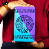 Handcarved Wooden Cremation Urn – Celtic Knot Tree of Life – Suitable for Adult Men & Women, Mom & Dad – 640 Cu/in Capacity – SkyBlue Purple Finish (XL, 14x7.5")